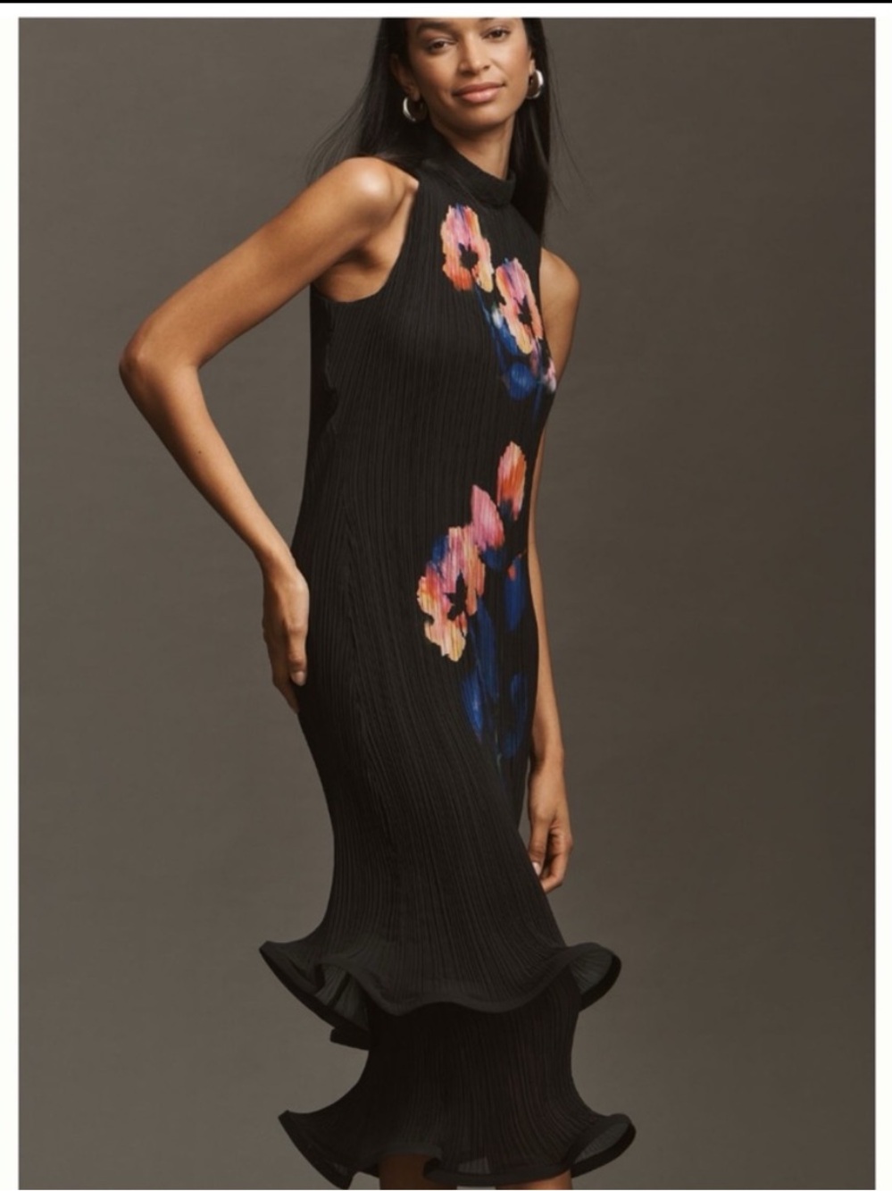NWT Anthropologie Sleeveless Mock-Neck Plissé Midi Floral Dress, M
